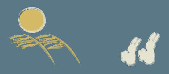 満月とススキの風景を眺めるウサギ