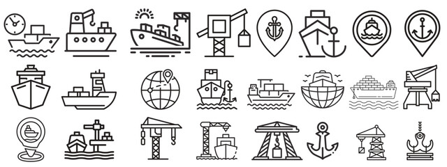 Marine port icons set.sea freight services, ship, Shipping, container and more