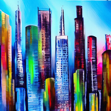 Oil painting skyscrapers cityscape panorama in modern post impressionism palette knife style. Banner, canvas, poster, print design. Trendy wall art print. Acrylic paint towers and houses facades © Avgustus
