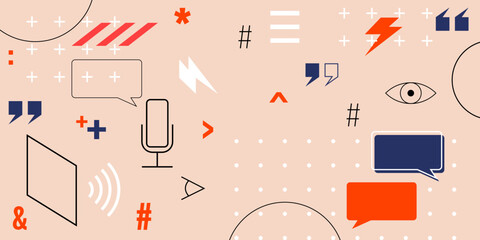 vector abstract background for the design of video and podcast channels. simple shapes and forms in trendy colors. microphone, dialog, news, tablet, laptop, wifi, internet, audio, dots, circles, web