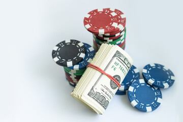 poker chips and money, Gambling concept.