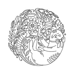 Coloring page with cat and flower garden. Mandala with animal and plants.