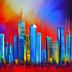 Oil painting skyscrapers cityscape panorama in modern post impressionism palette knife style. Banner, canvas, poster, print design. Trendy wall art print. Acrylic paint towers and houses facades