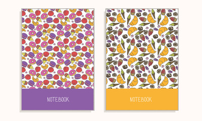 Fototapeta premium Cover for notebook or any documents with sweet or deserts. Vector illustration.