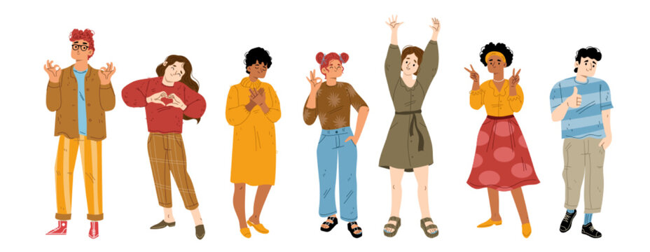 People with hand gestures, thumb up, ok, victory, heart and raise arms. Diverse happy characters show symbols of okay, like and love with hands, vector flat illustration