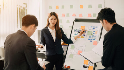 The Conferences,Training Education, Business, start up Concept.Group of smart Business Finance Corporate Development and Businesswoman making presentation in meeting.