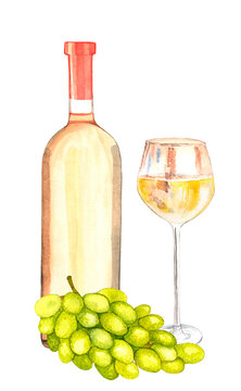 Glass and bottle filled with white wine and grape
