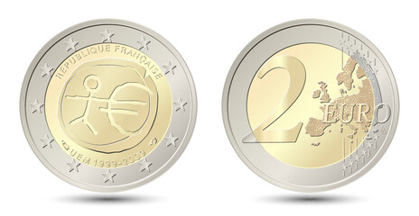 France. 2 Euro coin. Ten years of Economic and Monetary Union. Reverse and obverse of France two euro coin. Vector illustration isolated on white background.