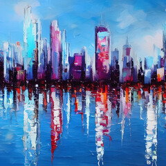 Oil painting skyscrapers cityscape panorama in modern post impressionism palette knife style. Banner, canvas, poster, print design. Trendy wall art print. Acrylic paint towers and houses facades