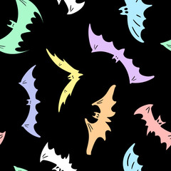 Various minimalistic bats isolated on a black background. Seamless vector texture of various flying bat shapes. 