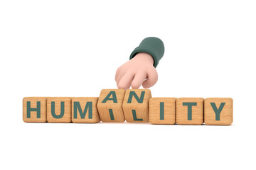 Hand turns dice and changes the word " humanity" to "humility".