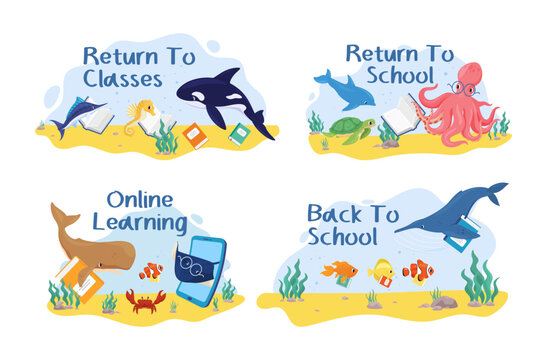 Back to school childish sea underwater characters posters place for text set vector flat