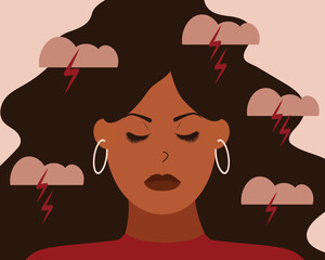 Depressed black woman feels depression, anxiety and emotional stress. Sad African American girl experiences mental health illness. Concept of psychological problems. Vector illustration