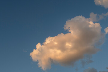 Fototapeta na wymiar White cloud closeup on gradient blue sky. Copy space for text