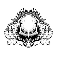 Human skull tattoo with flowers