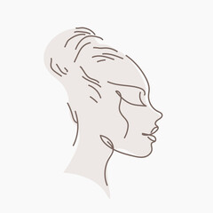 Line art woman face.Hair salon, beauty studio illustration.Fashion, cosmetics and spa icon isolated on light fund.Young lady profile portrait.Beautiful model.Luxury, glamour style logo.