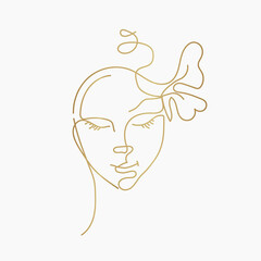 Line art woman face.Hair salon, beauty studio illustration.Fashion, cosmetics and spa icon isolated on light fund.Young lady portrait.Beautiful model.Luxury, glamour style logo.