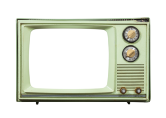 Grungy green vintage television with cut out screen isolated.