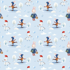 Watercolor Rabbit Christmas seamless pattern.New Year illustration