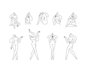 Contemporary female body, vector illustration set. Nude woman silhouette in abstract pose, feminine figure graphic design. Line art, editable strokes. Beauty, body care concept for logo. Modern art