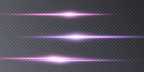 Set of purple horizontal highlights of abstract glowing stars and twinkles. Vector.