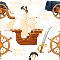 Seamless pattern of pirate theme with ship skull and weapon vector illustration on white background - obrazy, fototapety, plakaty