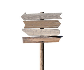 Old blank wooden arrow directional sign isolated.