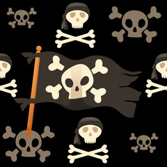 Seamless pattern Black color pirate flag with skull and bones vector illustration on dark background