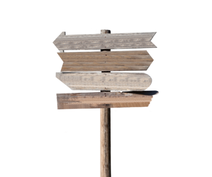 Old blank wooden arrow directional sign isolated.