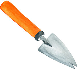 Watercolor small garden trowel or scoop with orange handle isolated on white background