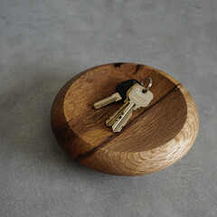木製のキートレイと鍵