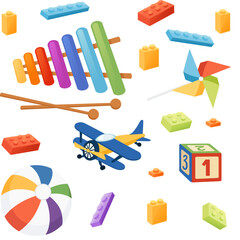 Seamless pattern collection of children toys soft and plastic material color vector illustration on white background