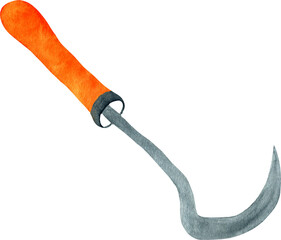 Watercolor garden tool. Hack with orange handle isolated