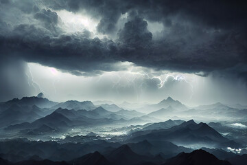lightning in the mountains, thunderstorm background, 3d render, 3d illustration