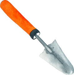 Watercolor garden trowel with orange handle isolated on white background