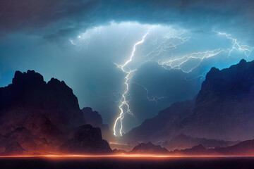 lightning in the mountains, thunderstorm background, 3d render, 3d illustration
