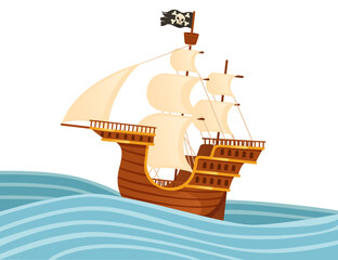 Wooden medieval pirate ship with white sails and black pirate flag galleon war wessel vector illustration isolated on white background