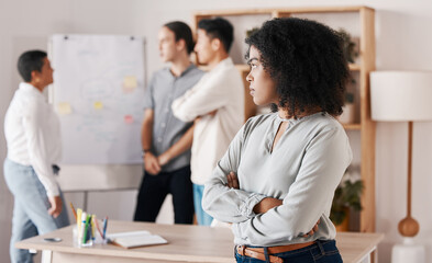 Angry and frustrated black woman in business meeting team presentation for creative web advertising and marketing agency. African girl or employee with anger problem and arms crossed at management - Powered by Adobe