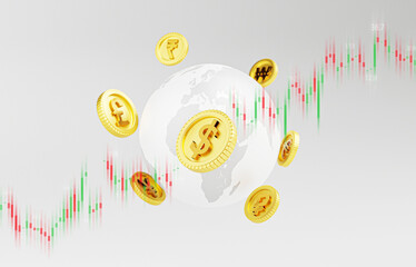 Golden coins include USD dollar euro yen yuan pound sterling with world and stock market chart for money transfer and trade forex concept ,Element of this image from NASA and 3d render. - obrazy, fototapety, plakaty