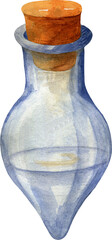 Watercolor blue glass bottle or chemical flask as laboratory equipment isolated. Vintage perfume bottle