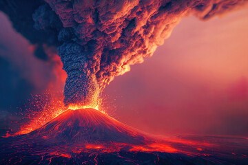 volcano eruption with lava and smoke, 3d render, 3d illustration - obrazy, fototapety, plakaty