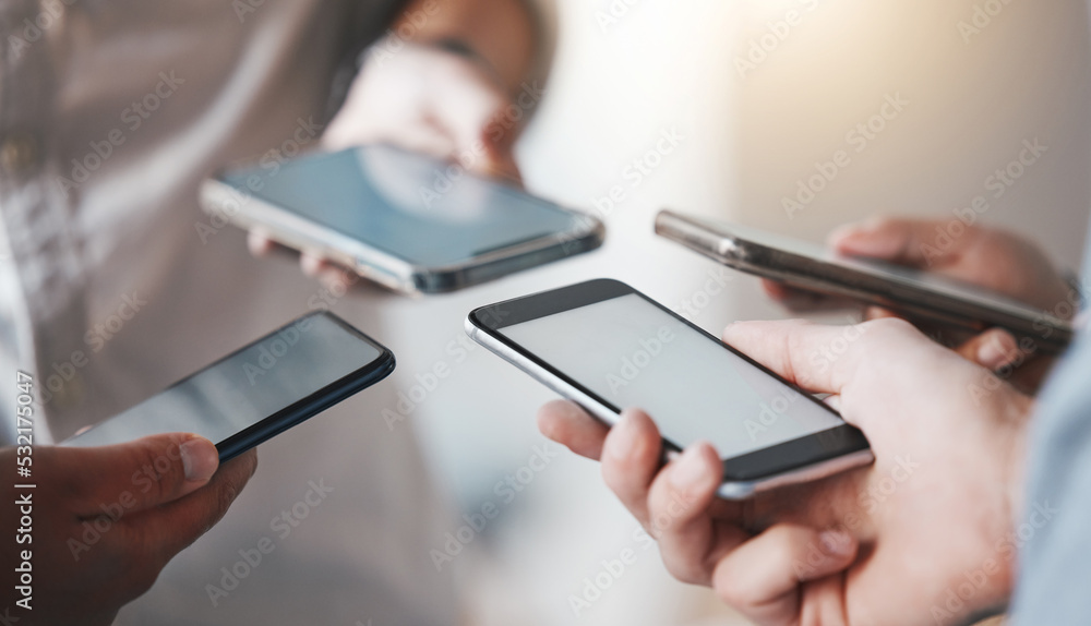 Poster hands of people in circle on smartphone, phone or cellphone communication sharing 5g data email. web
