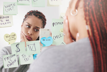 Sticky notes, mirror and woman taking a picture on a smartphone with a sad and confused face. Upset...