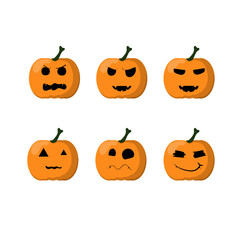 Happy halloween concept. pumpkins on a white background. pumpkins six emotion or face. cartoon pumpkins, halloween, pumpkin, icon, orange.