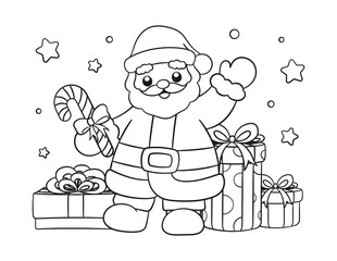 Santa Claus with gifts and candy cane outline line art doodle cartoon illustration. Winter Christmas theme coloring book page activity for kids and adults.
