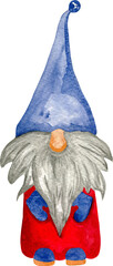 Watercolor funny cartoon gnome in blue hat with big nose and beard 