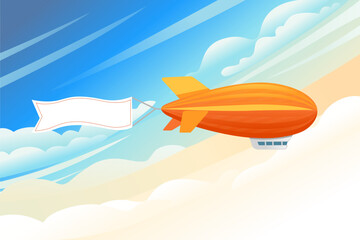 Commercial airship flying in sky rigid airship vector illustration on cloud sky background