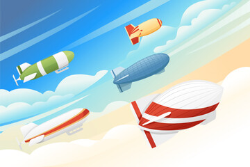 Commercial airship flying in sky rigid airship vector illustration on cloud sky background