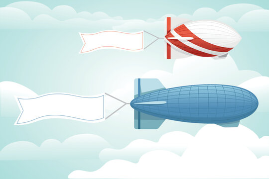 Commercial Airship Flying In Sky Rigid Airship Vector Illustration On Cloud Sky Background