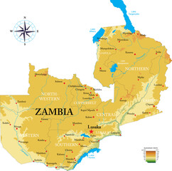 Zambia highly detailed physical map